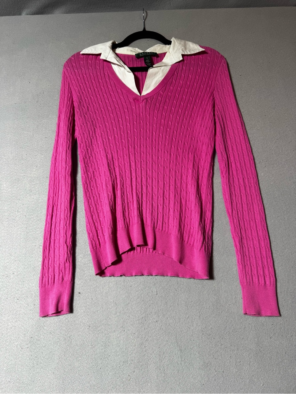 Ralph Lauren Pink Cable Knit V-Neck Sweater with White Collar Size S